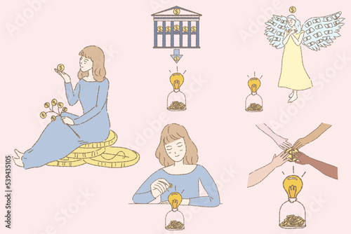 Set of young woman sitting on money, holding coins. Types of investor; individual, institutional, angel, venture capital. Hand drawn flat cartoon character vector illustration isolated on background