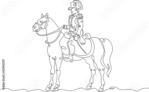 One continuous line. Historical character. French emperor Bonaparte Napoleon on horseback. Soldier in a cocked hat. Military rider in dress uniform.One continuous line on a white background.