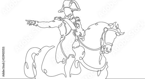 One continuous line. Historical character. French emperor Bonaparte Napoleon on horseback. Soldier in a cocked hat. Military rider in dress uniform.One continuous line on a white background.