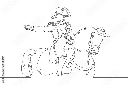 One continuous line. Historical character. French emperor Bonaparte Napoleon on horseback. Soldier in a cocked hat. Military rider in dress uniform.One continuous line on a white background. photo