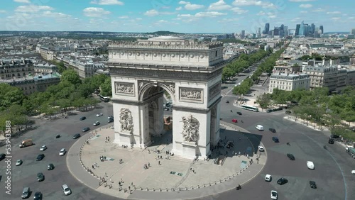 Drone flying around Triumphal arch with Paris cityscape, France. Aerial orbiting  photo