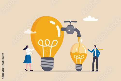 Sharing idea or knowledge sharing, transfer information or wisdom to employees or colleagues, creativity or innovation, learning new skills concept, business people transfer idea to new lightbulb.