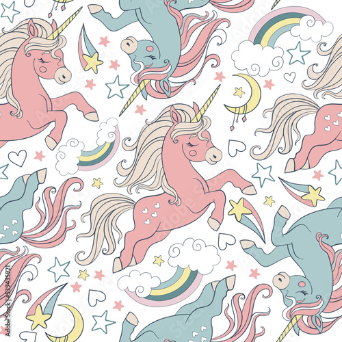 Seamless pattern with lovely unicorns in pastel colors