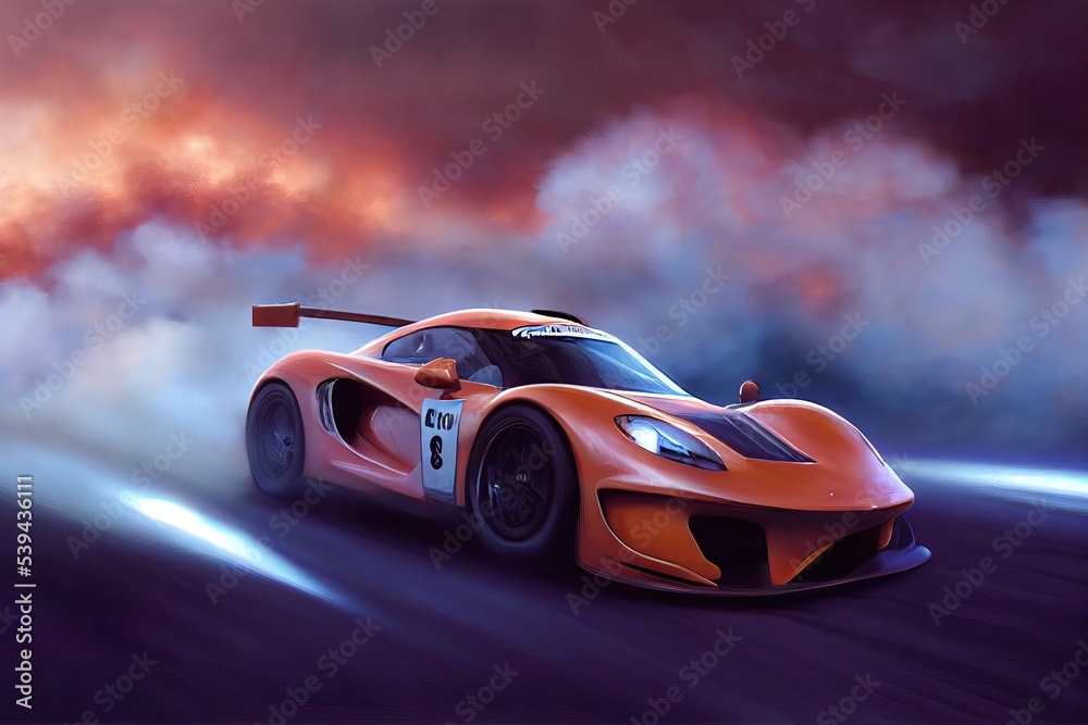 Modern sports car riding through the smoke, blurred motion. Beautiful illustration generated by Ai, is not based on any real image or character