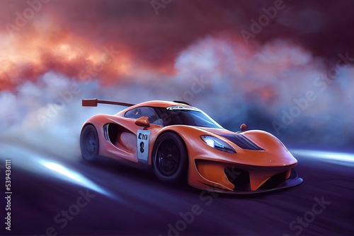 Modern sports car riding through the smoke, blurred motion. Beautiful illustration generated by Ai, is not based on any real image or character