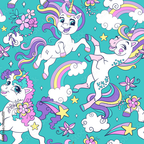 Seamless pattern with lovely unicorns and castle blue