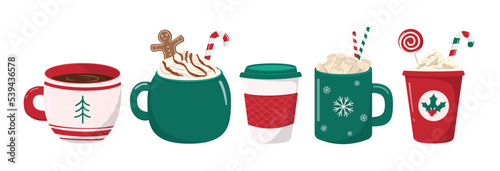Winter Christmas hot drinks collection. Holiday mugs with coffee, chocolate, and cream. Gingerbread man cookie, candy cane, lollipop, marshmallows. Vector illustration