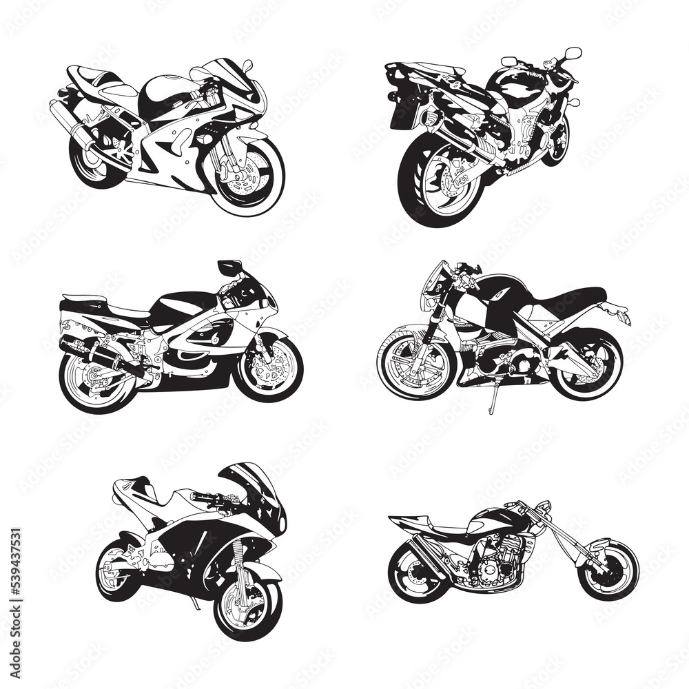 Fototapeta premium Retro motorcycle silhouette set with different angles. Hand drawn vector illustration