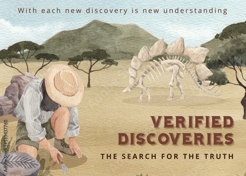 Postcard template with  Fossil Archeologist concept,watercolor style