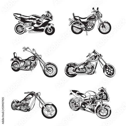 Retro motorcycle silhouette set with different angles. Hand drawn vector illustration