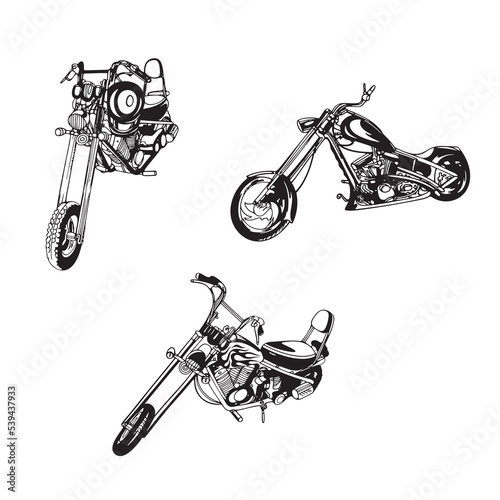 Retro motorcycle silhouette set with different angles. Hand drawn vector illustration
