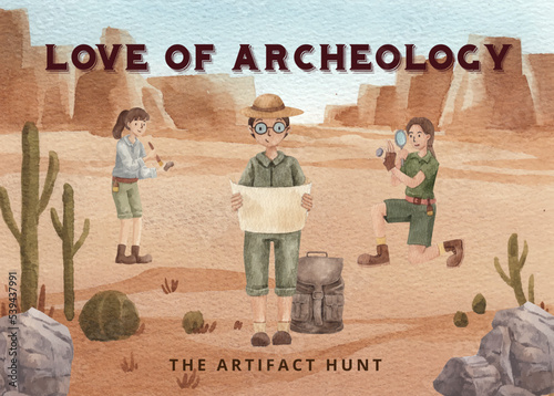 Postcard template with  Fossil Archeologist concept,watercolor style