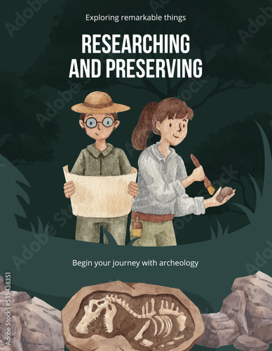 Poster template with  Fossil Archeologist concept,watercolor style