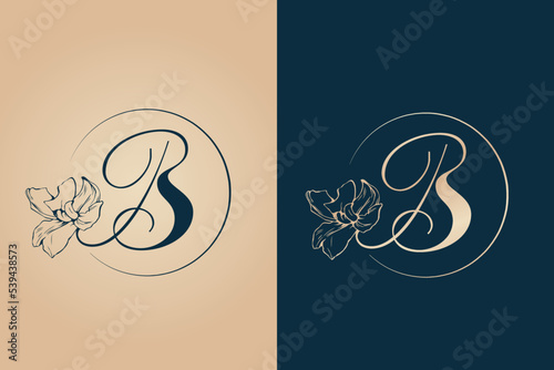 Letter B logo. Calligraphy alphabet initial. Lettering sign. Decorative style icon for brand identity. Plant, flower petals font monogram. Wedding, gift boutique, celebration card signature.