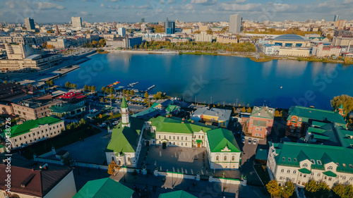 Old Tatar district. Traditional Tatar neighborhood on the shore of Lake Kaban in Kazan. A view of the Al-Marjani Mosque. Top view. Autumn city 