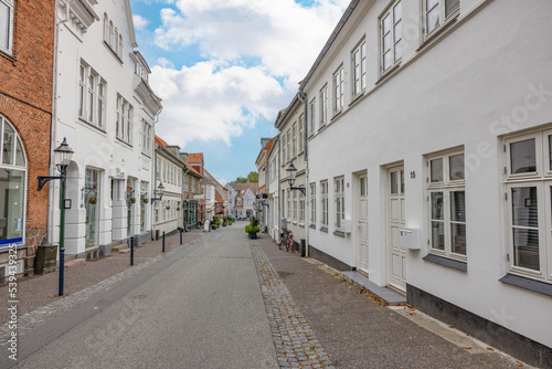 Along the street in Bogense, Bogense is a harbor town on the Kattegat on northern Fyn,Denmark,Scandinavia,Europe 