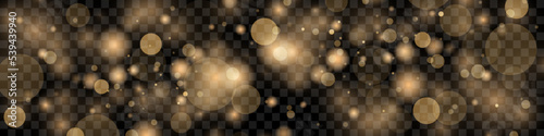 Light abstract glowing bokeh lights. Light bokeh effect isolated on transparent background. Festive golden glowing background. Christmas concept.
