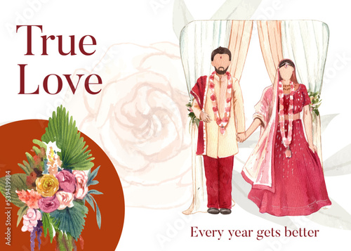 Postcard template with Indian wedding concept,watercolor style