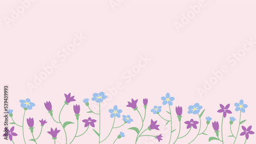 Banner with campanula and myosotis flowers. Beautiful design template in flat style.