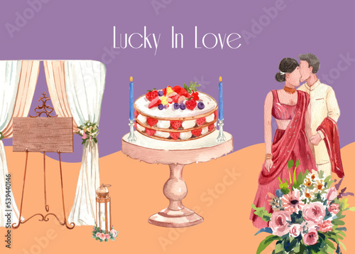 Postcard template with Indian wedding concept,watercolor style