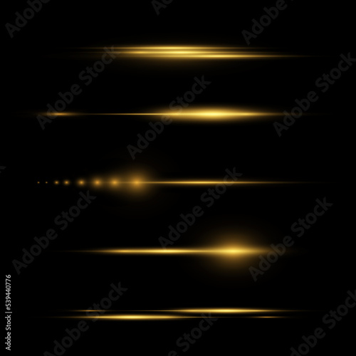 Vector illustration in golden color. Set of light effects. Flashes and glare. Bright beams of light. Glowing lines. 