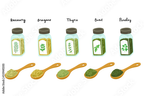 aromatic herbs of italian seasoning in bottles
