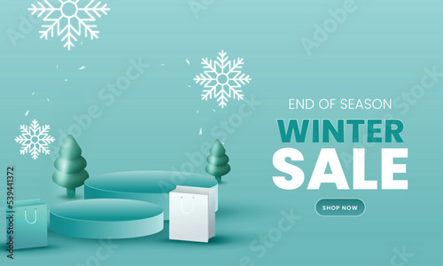 End Of Season Winter Sale Banner Design With Empty Podiums, Shopping Bags, Xmas Trees And Snowflakes On Teal Background.