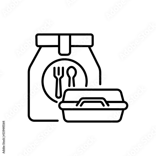 Take away food linear icon. Packaging designs. Storage. Eco-friendly bags. Outdoor summer lunches. Thin line customizable illustration. Contour symbol. Vector isolated outline drawing. Editable stroke