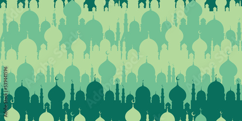 Flat style Islamic Mosque bright seamless pattern design. muslim surface design in green color