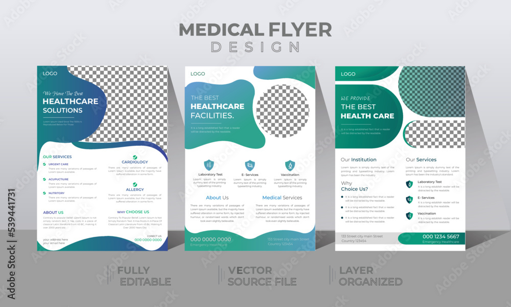 Obraz premium Set of medical brochure, annual report, flyer design templates in A4 size. Vector illustrations for Medical, Healthcare, Pharmacy Presentation, Document Cover and Layout Templates.