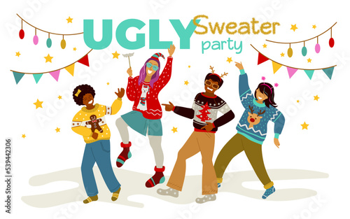 Young people in Christmas sweaters are dancing. Ugly sweater party.