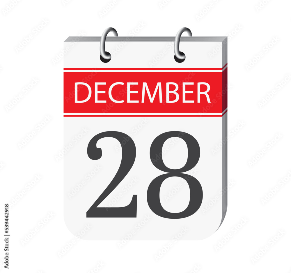 28 december calendar page. 3d one day calendar date appointment, event reminder illustration. 