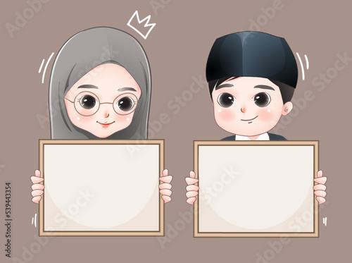 Happy muslim cartoon holding blank sign