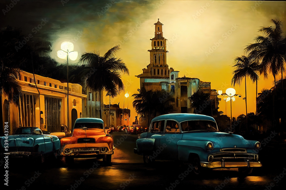 Concept art featuring vintage cars in Cuba. Antique automobiles from the 50's on the streets of Havana at night. Cuban retro vehicles driving in a concept illustration. Transportation in Caribbean - obrazy, fototapety, plakaty 