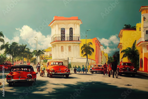 Vintage red cars in the streets of Havana in Cuba. Digital art illustration featuring vintage vehicles of Cuban cities. Classic, antique 1950's car on the street. Old school motor in an exotic poster