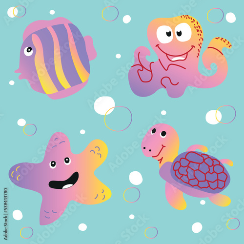 Cute sea animals collection. Fish, octopus, sea star and turtle on blue background. Vector illustration.