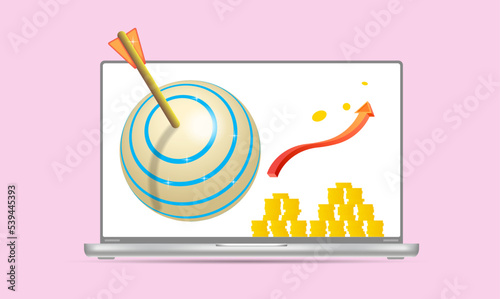 The arrow accurately hit the center of the target. The concept of achieving a business goal. 3d vector illustration.