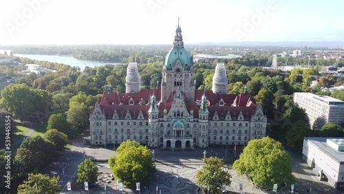 Aerial drone view of the New Town Hall in Hanover, Germany