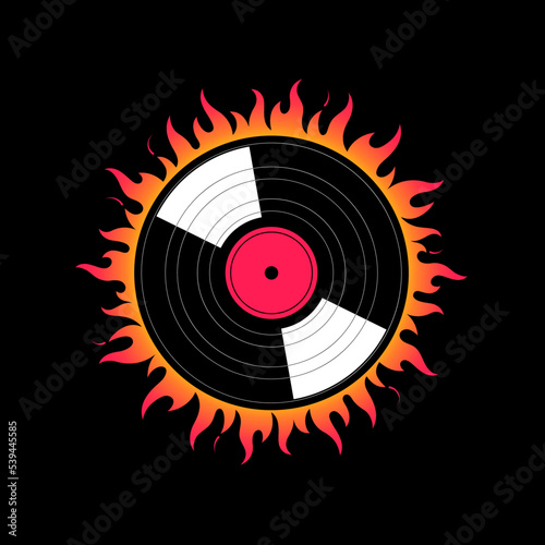 Vinyl record, disc on fire concept illustration. Vector LP with burning flame ring, circle on black background. Round flaming frame. Music print design idea, retro, vintage poster template. 