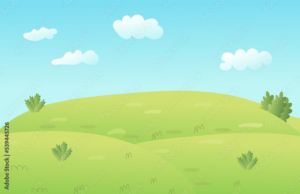 Vector cartoon meadow landscape with grass. Blue sky with white clouds. Flat valley landscape. Empty field on sunny summer day. Green hills landscape background, empty glade template.