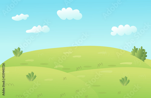 Vector cartoon meadow landscape with grass. Blue sky with white clouds. Flat valley landscape. Empty field on sunny summer day. Green hills landscape background  empty glade template.