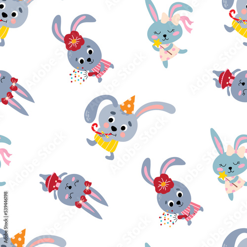 Seamless pattern with cute rabbits. Hand drawn style. Design for fabric, textile, wallpaper, packaging. © Helga KOV