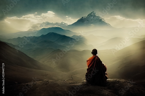 Fototapeta A lone monk sitting on the peak of mountain overlooking scenic mountains
