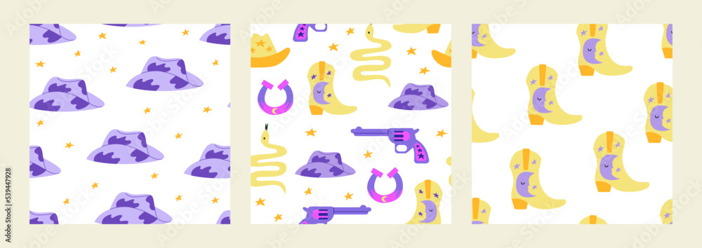 Set of seamless patterns with cowboy hats, boots, gun, snakes, horseshoe and stars. Vector wild west backgrounds Set of seamless patterns with cowboy hats, boots, gun, snakes, horseshoe and stars. Vector wild west backgrounds