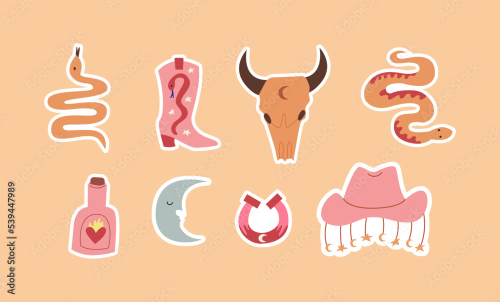 Set of wild west stickers. Snakes, bull skull, cowboy hat, boots, moon, rum bottle and horseshoe. Vector flat illustration on isolated background Set of wild west stickers. Snakes, bull skull, cowboy hat, boots, moon, rum bottle and horseshoe. Vector flat illustration on isolated background