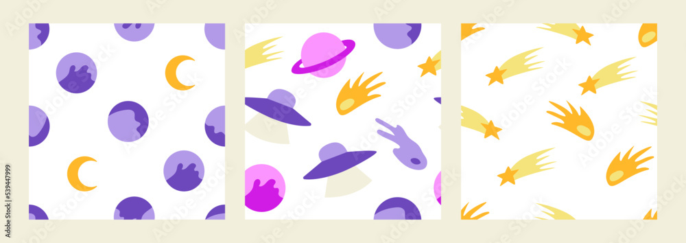 Set of seamless patterns with cute planets, stars and alien ships. Cosmic vector backgrounds. 