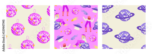 Set of seamless patterns with cowgirls, disco balls, alien ships, stars and meteors. Vector backgrounds. Party, celebration, psychedelic, cowgirl disco concept