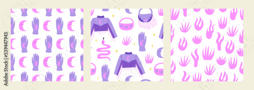 Set of seamless patterns with cowgirl accessories, snakes, moon and grass. Cowboy jacket, bag and gloves. Vector background in wild west, disco concept