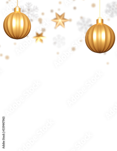 3D Shiny Golden Baubles Hang With Blur Stars, Snowflakes, Bokeh Effect Against Background And Copy Space.