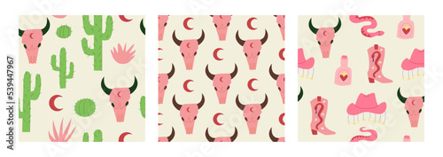 Set of seamless patterns with snakes, cowboy boots, hats, bull skull, cactuses, bottle and moon. Wild west, western vector backgrounds